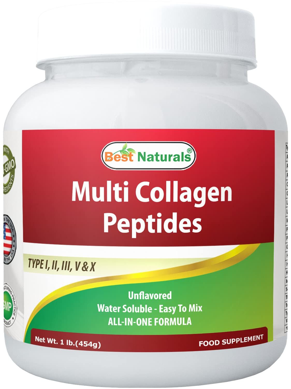 Best Naturals Multiple Collagen Peptides Protein Type I, II III, V &amp; X Collagen unflavored 1 Pound - Grass Fed &amp; Pasture Raised - Water Soluble - Easy to Mix