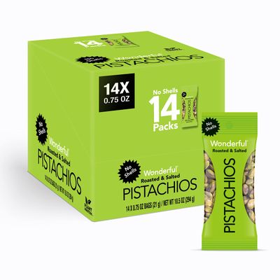 Wonderful Pistachios No Shells, Roasted &amp; Salted Nuts, 0.75 Ounce Bag (Pack of 14), Protein Snacks, Vegan Snacks, On-the-Go, Easter Basket Essentials