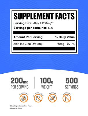 BulkSupplements.com Zinc Orotate Powder - Zinc Minerals Supplement, for Immune Support - Gluten Free, 200mg per Serving, 100g (3.5 oz) (Pack of 1)