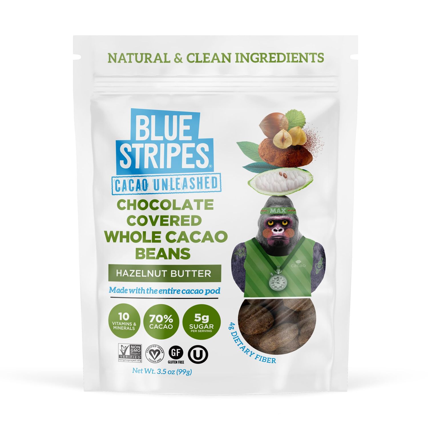 Blue Stripes Hazelnut Butter Chocolate Covered Whole Cacao Beans, 4 OZ