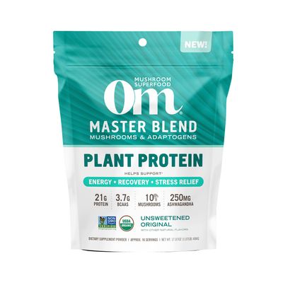 OM MUSHROOM SUPERFOOD Master Blend Mushroom Plant-Based Protein, 16 Servings Unsweetened Original, Unsweetened Plant-Based Protein with 10 Mushrooms &amp; Adaptogens