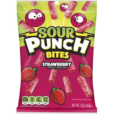 Sour Punch Bites, Sweet Strawberry Fruit Flavor,Soft &amp; Chewy Candy, 5 Ounce Bag, Pack of 12