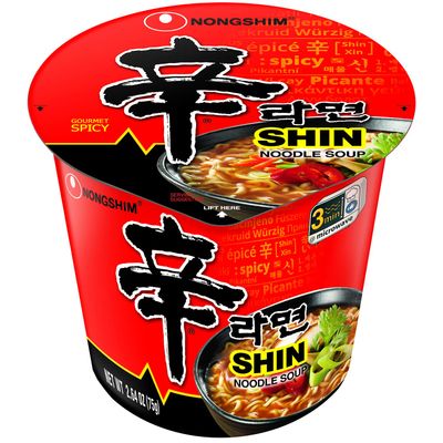 Nongshim Gourmet Spicy Shin Instant Ramen Noodle Cup, 2.64 Ounce (Pack of 6), Chunky Vegetables, Premium Microwaveable Ramen Soup Mix