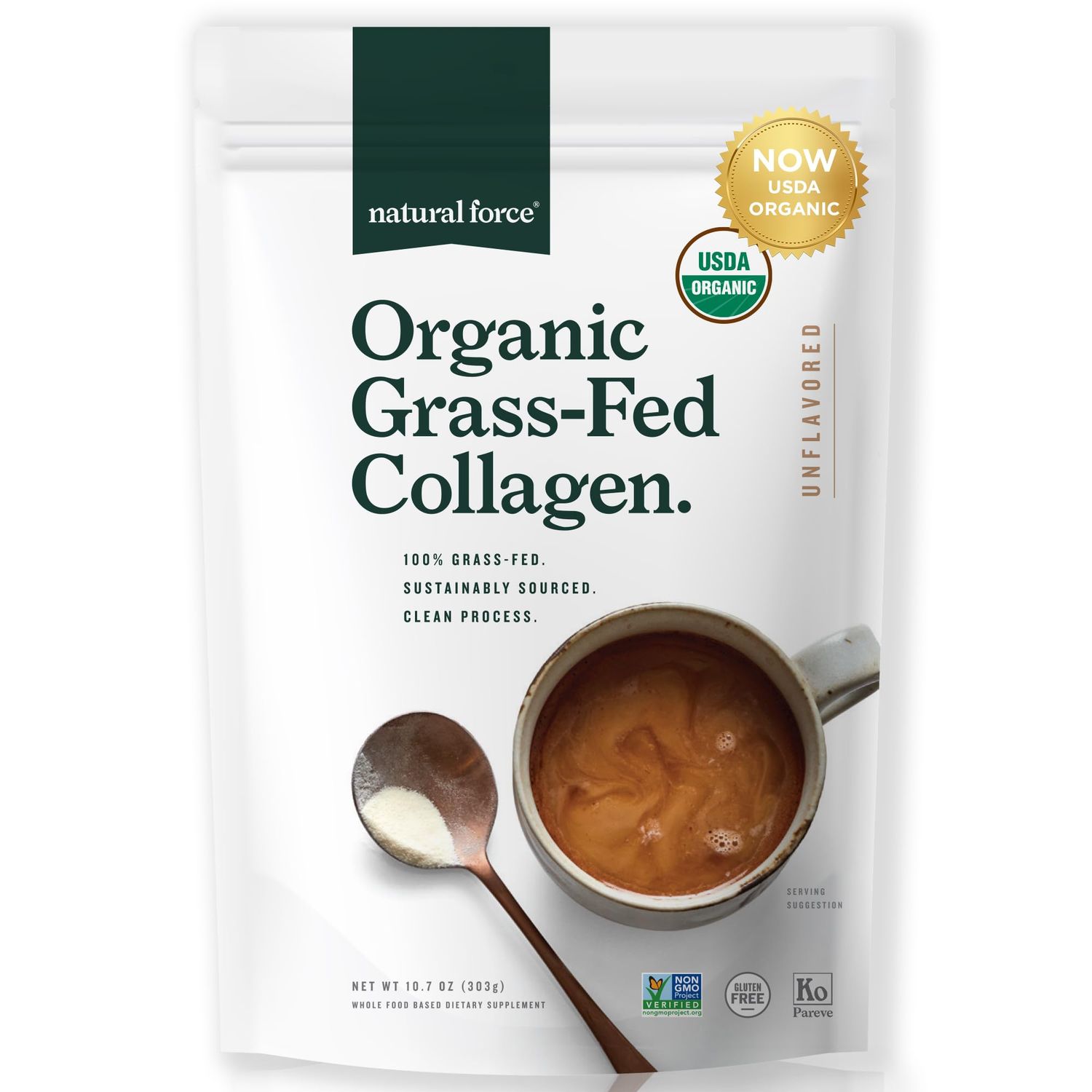 Natural Force Organic Clean Collagen Peptides Powder - USDA Certified Organic &amp; Non-GMO, Keto &amp; Paleo Certified - Hydrolyzed Type I &amp; III Protein Powder with Essential Amino Acids - Unflavored, 10.7oz