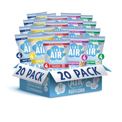 Like Air Puffcorn Variety Pack (0.5 oz, Pack of 20), White Cheddar, Classic, Pancake, Cinnamon Bun, Sour Cream &amp; Onion - 80 Calories, Gluten Free