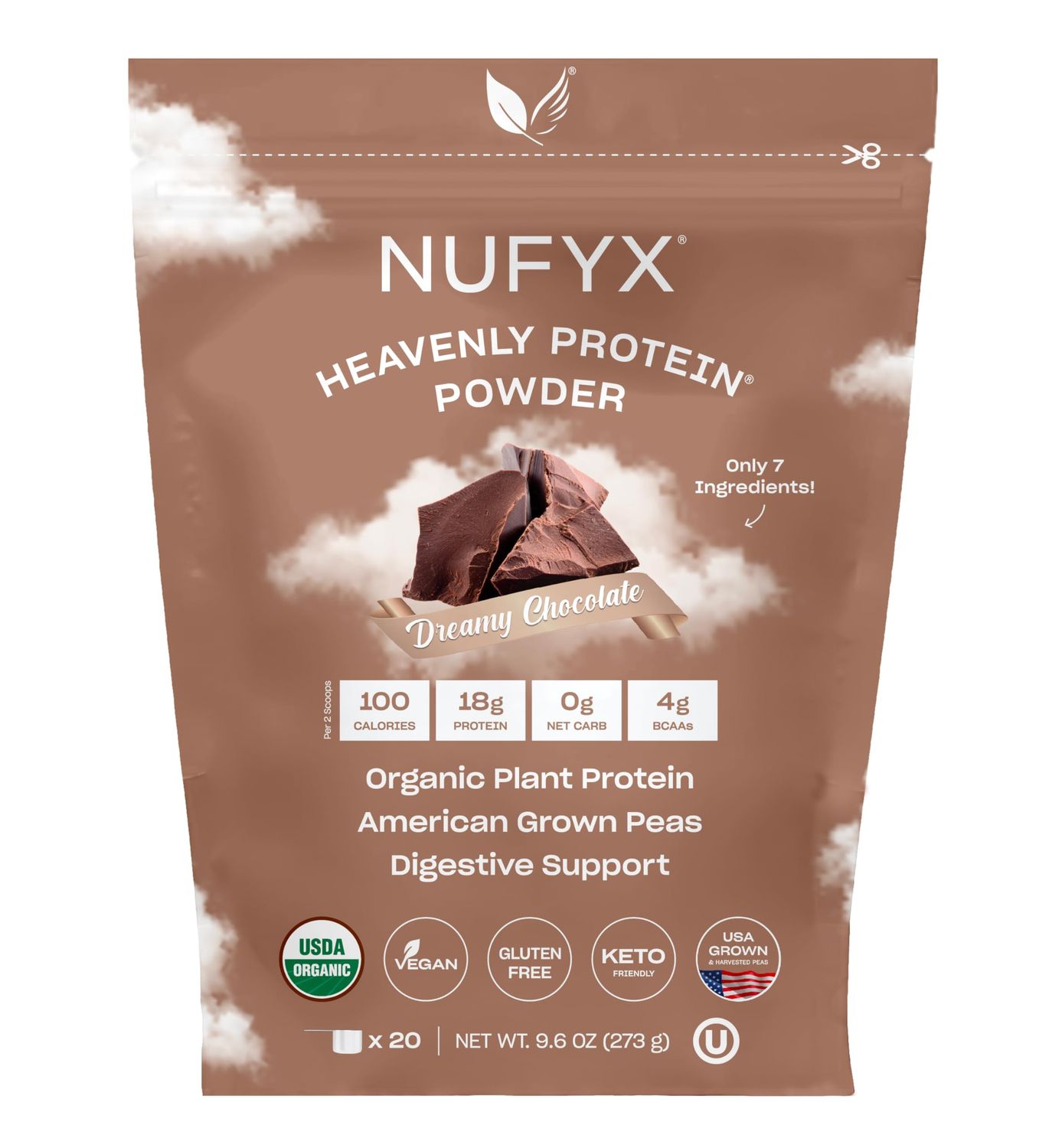 NUFYX  Heavenly Protein Powder  Worlds Finest 100% Organic American Grown Peas  Vegan  Gluten Free  Low Carb (Dreamy Chocolate, 20 Scoops)