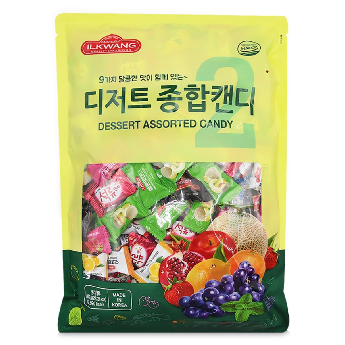 Korean Assorted Fruits Candy, 200 PCS Fruit Dessert candies, Sweet and sour, Strawberry, Melon, Apple, Grape, Pomegranate, Orange, Mint, Coffee Candy, and Fresh Mint, 9 Different Flavors 1.78 LB Pack