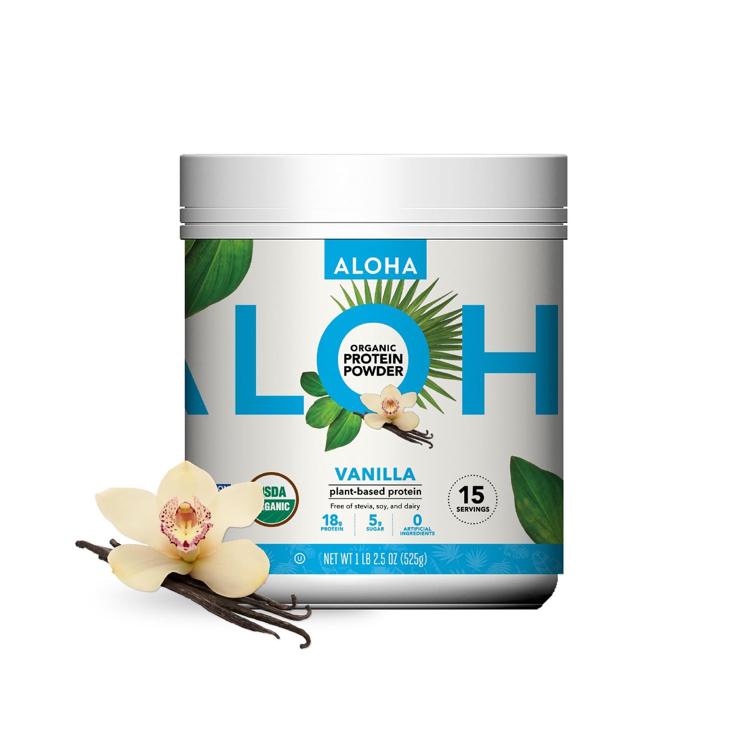 ALOHA Organic Plant Based Protein Powder, Stevia Free, Vanilla, 19.6 oz, 15 Servings PACKAGING MAY VARY