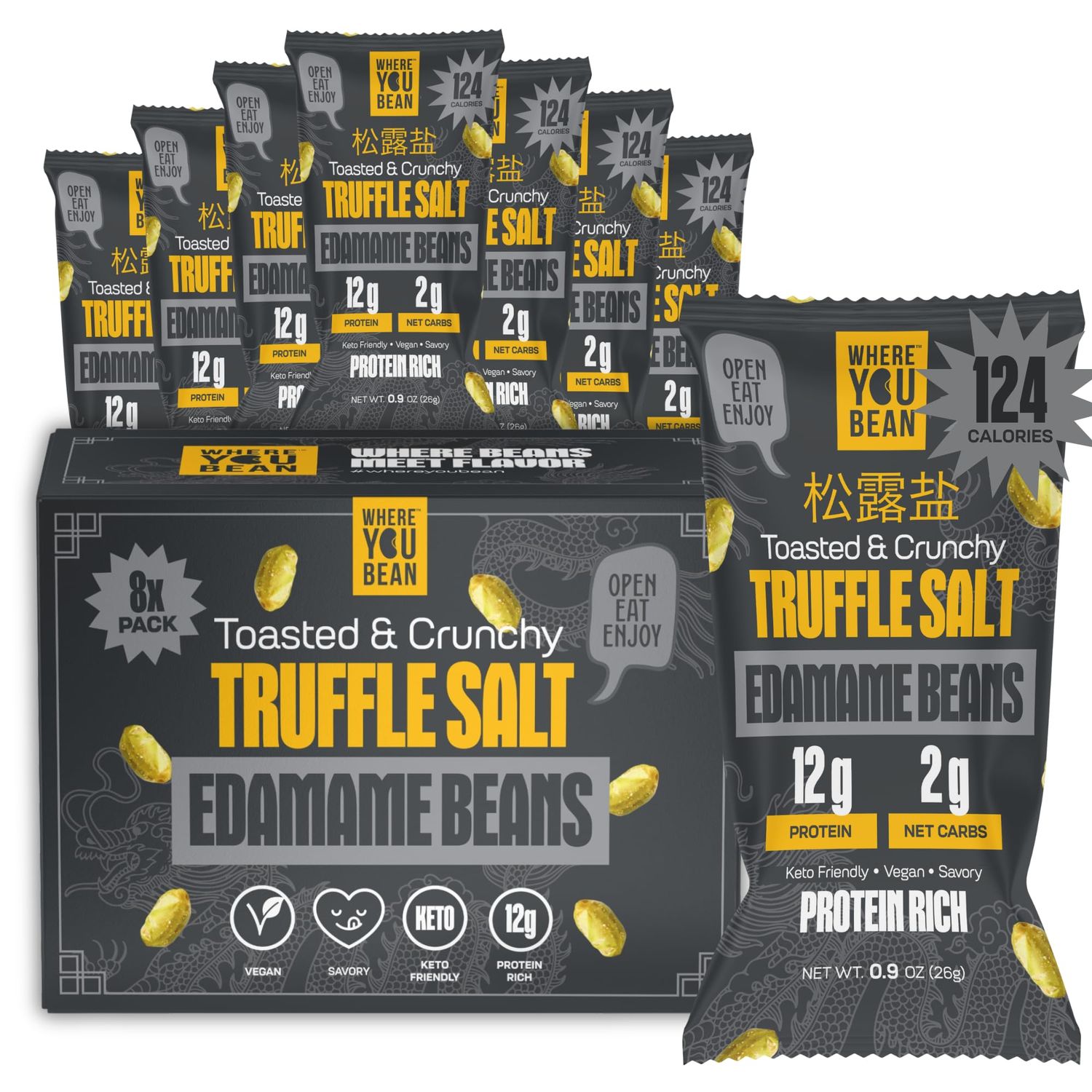 Where You Bean Edamame Beans Snack (Truffle Salt) - Crunchy and Dry Roasted Edamame Beans - High Protein Snacks, Keto and Vegan Healthy Snacks for Adults &amp; Low Carb Asian Snack 0.9 oz (Pack of 8)