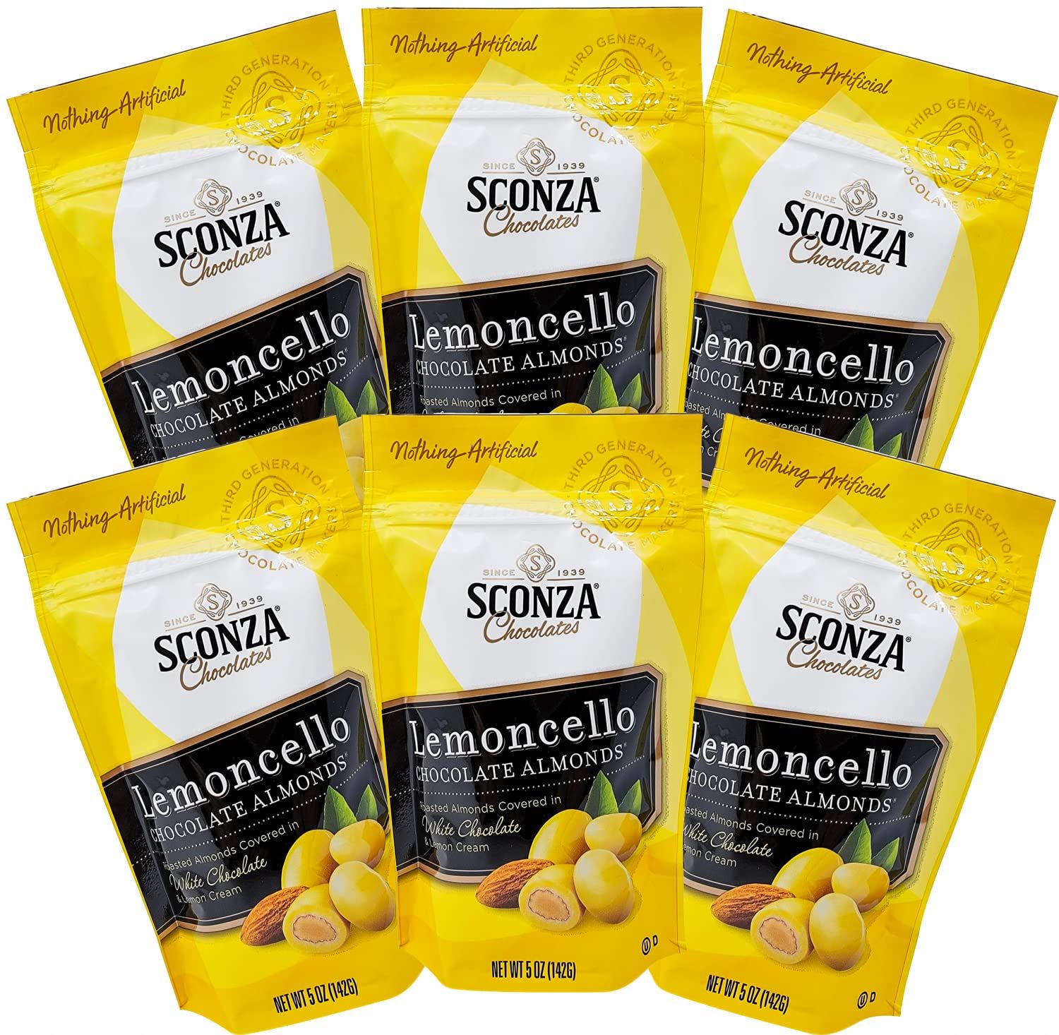 Lemoncello Chocolate Covered Almonds Brought to you by Nutic, Produced By Sconza - Roasted Almond Covered in White Chocolate and Lemon Creme Candy  6 Pack of 5 Oz Bags  Gift Snack