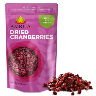 Amrita Dried Cranberries 4 lb  Sweetened with Apple Juice, Unsulfured, Gluten Free, non-GMO, No Preservatives  Packed Fresh in Resealable Bags  Fruit Snacks, Salads, Baking