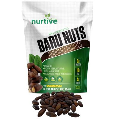 Nurtive Baru Nuts - Gourmet Roasted - Wild Harvested &amp; Unsalted - Plant-Based Protein, Rich in Fiber, Essential Minerals and Antioxidants - Non-GMO, Gluten-Free, Paleo &amp; Vegan Friendly (16 oz / 454 g)