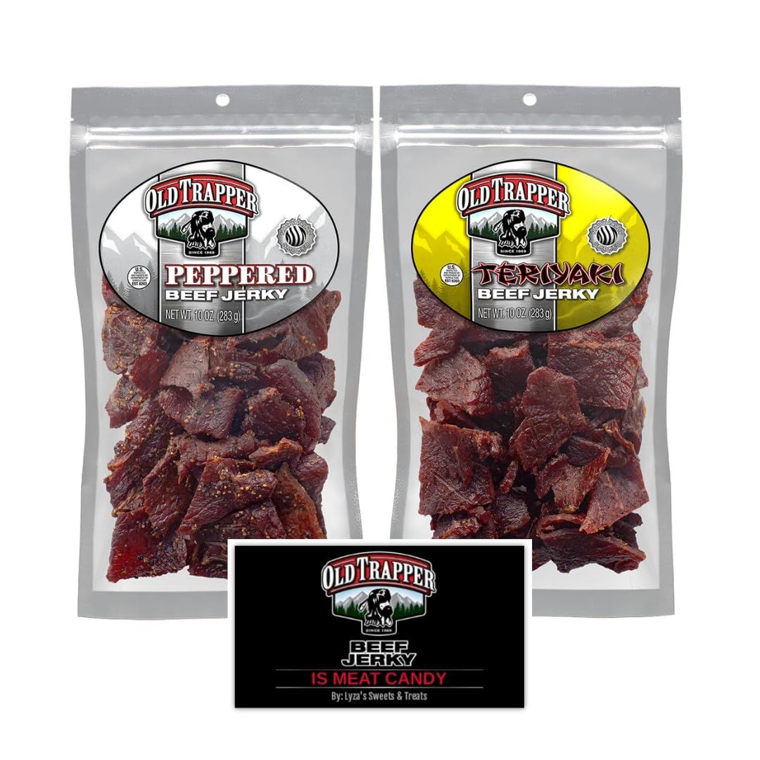 Old Trapper Beef Jerky Gift Set, Peppered &amp; Teriyaki, Traditional Style Real Wood Smoked - Variety Pack of 2, 10 oz. bags with Bonus Old Trapper Magnet by Lyza&#39;s Sweets &amp; Treats