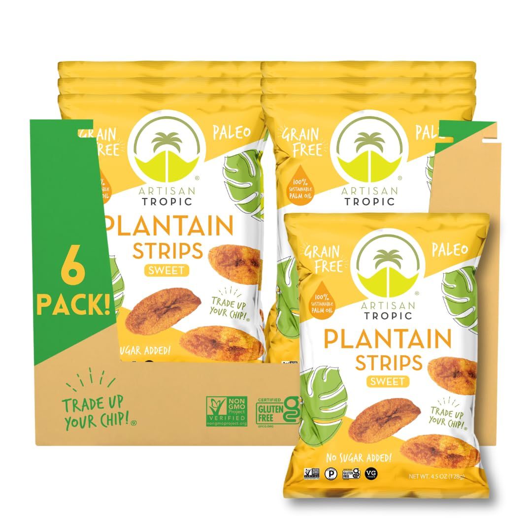 ARTISAN TROPIC Plantain Strips Naturally Sweet - 6 Pack, 4.5oz - Vegan, Paleo, Gluten Free Chips - Whole 30 Approved Foods Non-GMO Healthy Snack for Lunches, Dipping, Parties - Baked Banana Chips