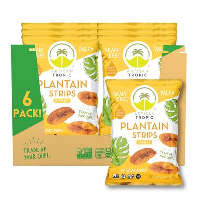 ARTISAN TROPIC Plantain Strips Naturally Sweet - 6 Pack, 4.5oz - Vegan, Paleo, Gluten Free Chips - Whole 30 Approved Foods Non-GMO Healthy Snack for Lunches, Dipping, Parties - Baked Banana Chips
