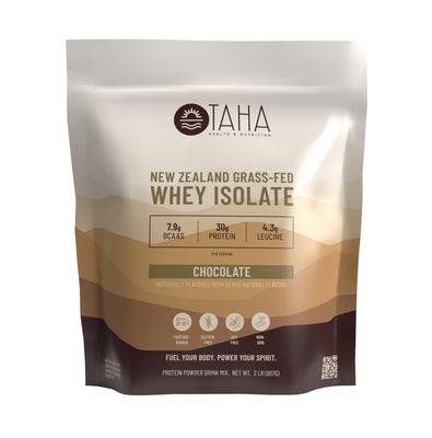 Taha Health &amp; Nutrition Chocolate Whey Protein Isolate Powder, 30g Protein, 7.9g BCAAs, 4.3g Leucine  New Zealand Free-Range, Grass-Fed Dairy  Gluten-Free, Keto, Kosher  2LB, 24 Servings