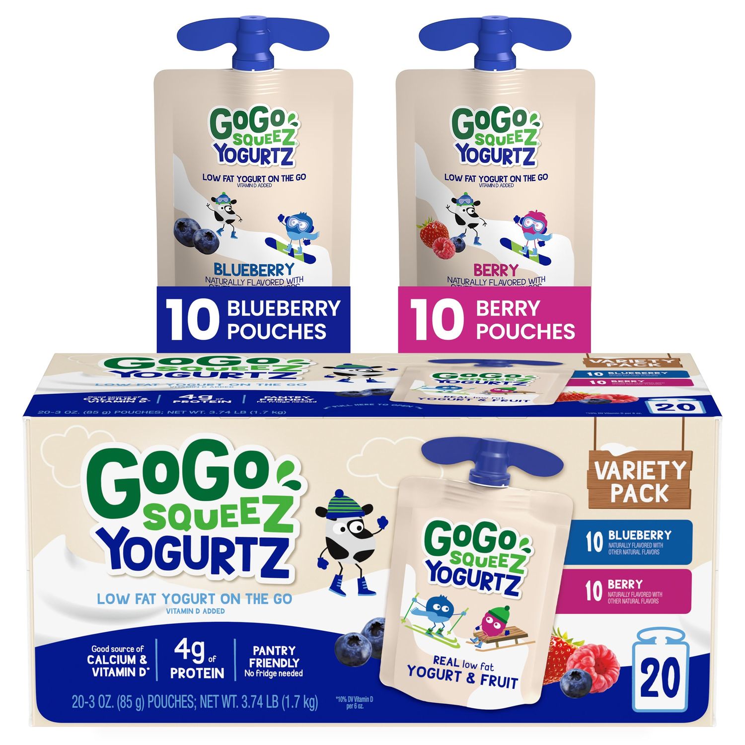 GoGo squeeZ yogurtZ Variety Pack, Blueberry &amp; Berry, 3 oz (Pack of 20), Kids Snacks Made from Real Yogurt and Fruit, No Fridge Needed, Gluten Free, Nut Free, Recloseable Cap, BPA Free Pouches