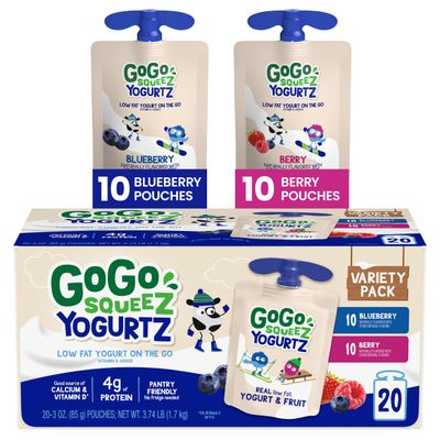 GoGo squeeZ yogurtZ Variety Pack, Blueberry &amp; Berry, 3 oz (Pack of 20), Kids Snacks Made from Real Yogurt and Fruit, No Fridge Needed, Gluten Free, Nut Free, Recloseable Cap, BPA Free Pouches