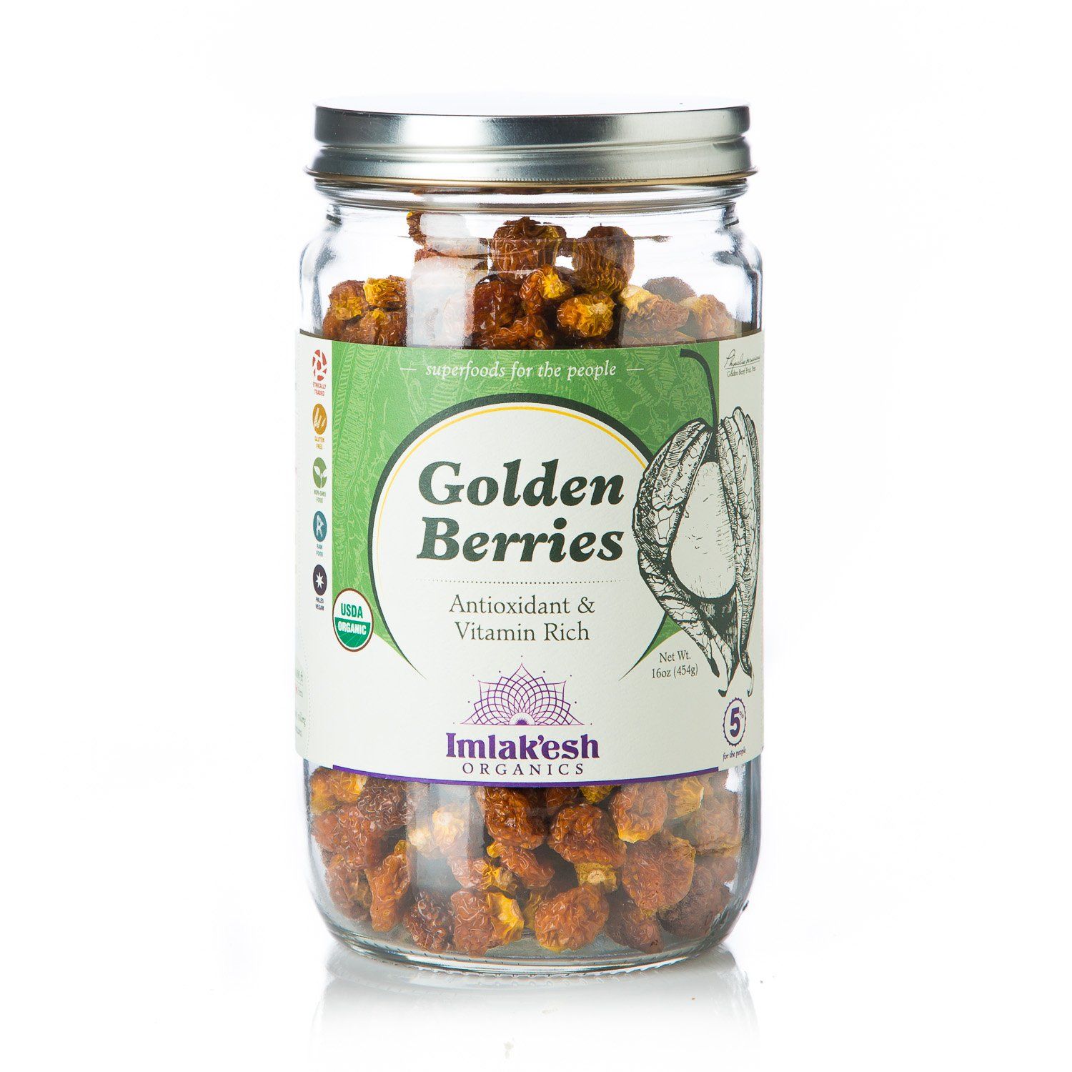 Imlakesh Organics - Organic Golden Berries - Superfruit Berries with Antioxidants and Vitamin C - Healthy Vegan Snacks with No Added Sugar - Non-GMO, and Gluten Free (16oz Glass Jar)