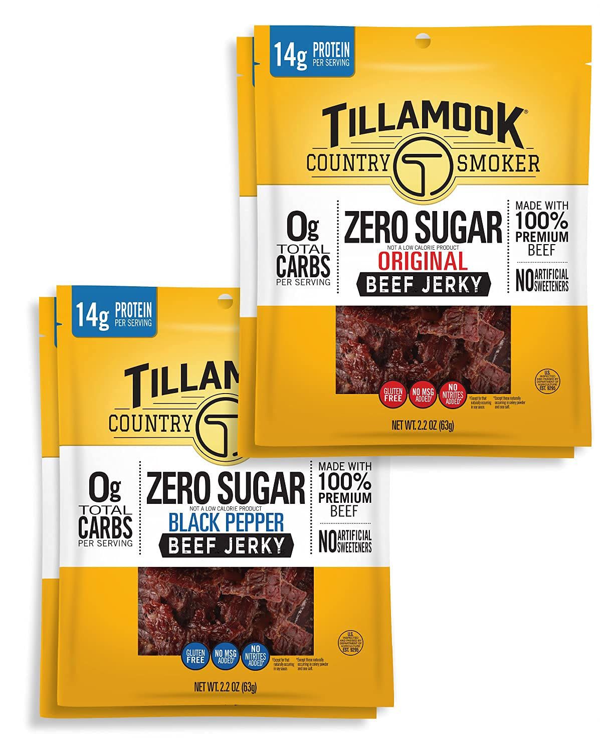 Tillamook Country Smoker Keto Friendly Zero Sugar Beef Jerky Variety Pack, Original &amp; Black Pepper, 2.2 Ounce (Pack of 4)