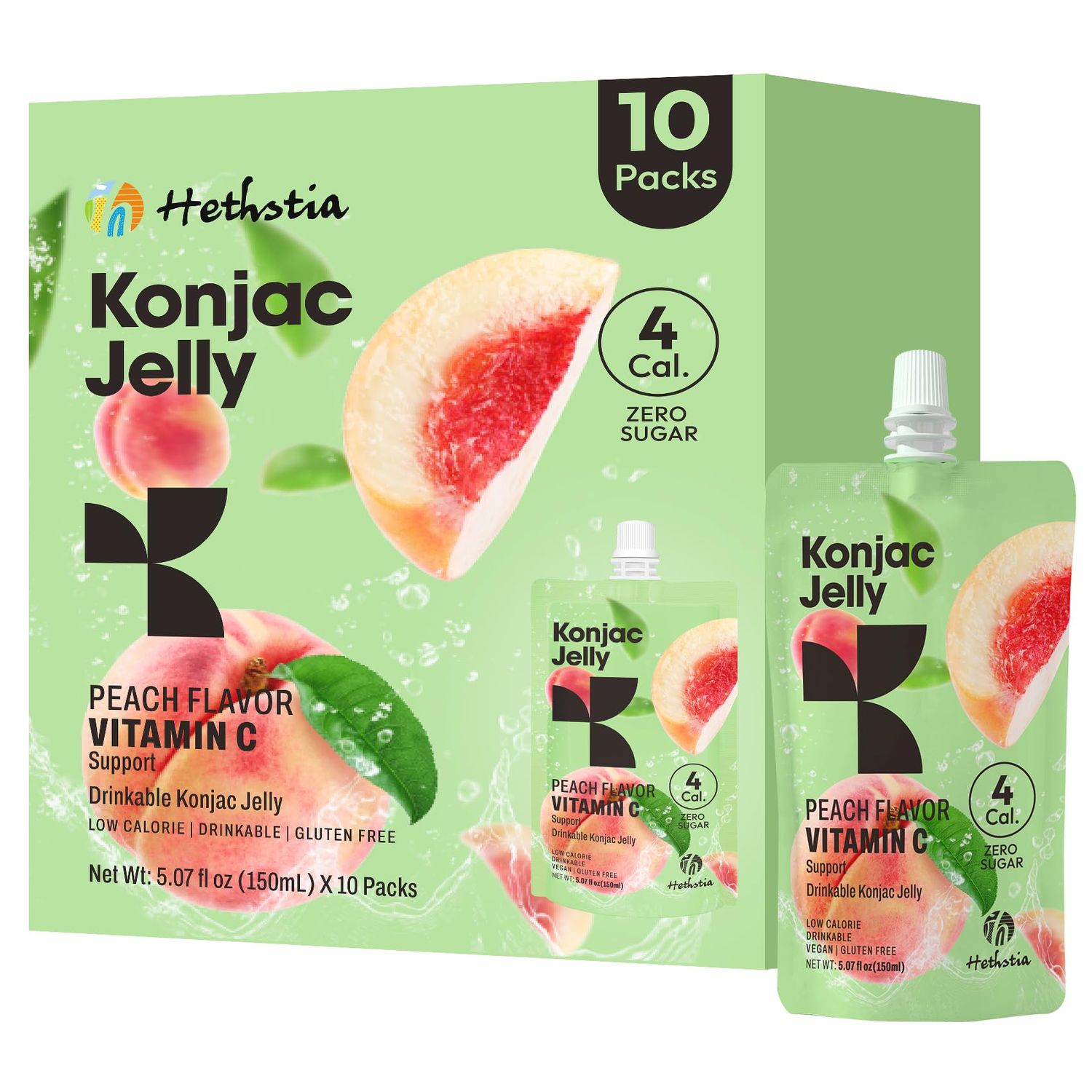 Hethstia Konjac Jelly Peach Flavor, Drinkable Peach Jelly Squeeze Pouches, 0 Sugar, 4 Calories, Keto, Vegan, Gluten-Free, Vitamin C Healthy Snacks &amp; Gifts, 10 Packs