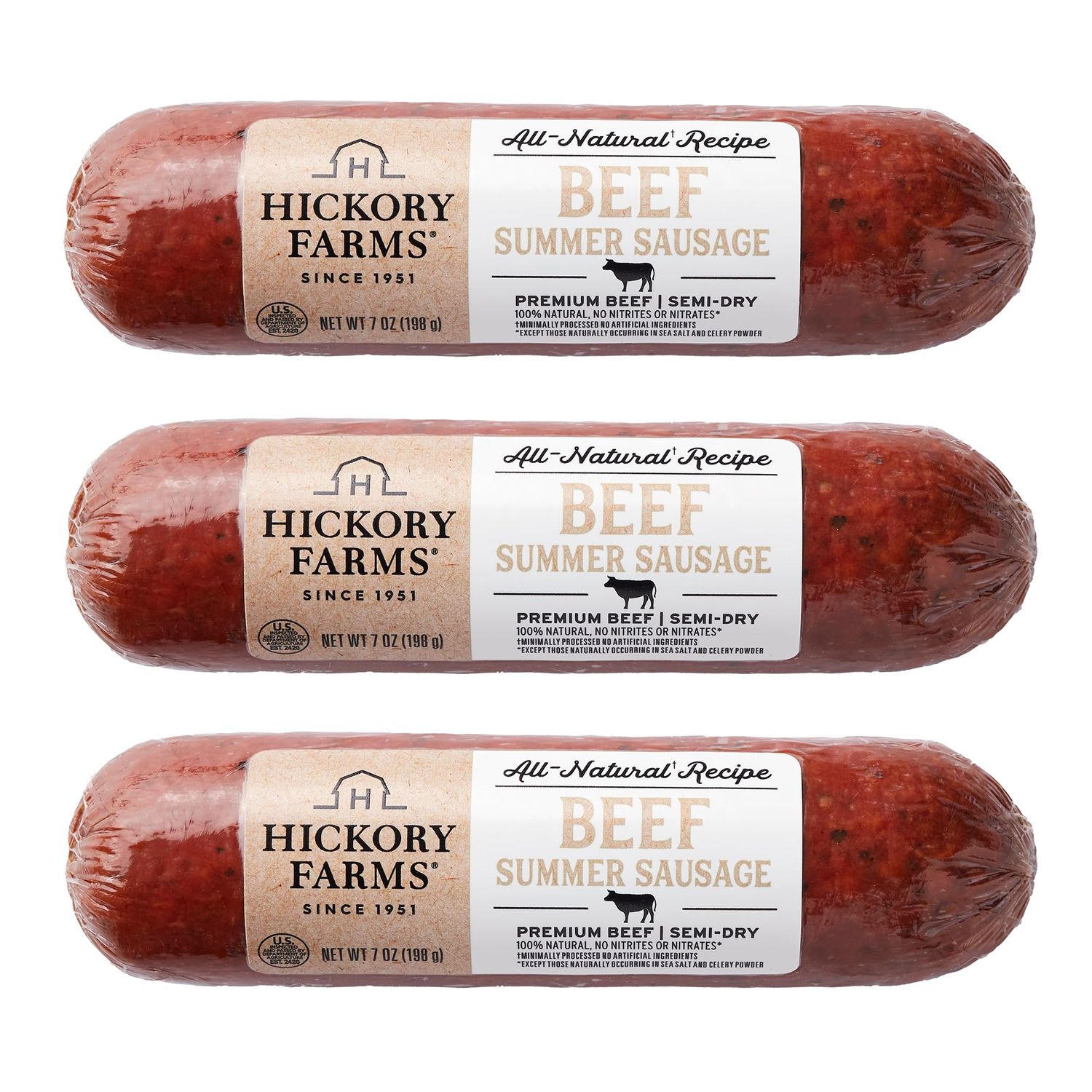 Hickory Farms All-Natural Beef Summer Sausage - 3 Pack  Free of Nitrites, Nitrates, and Hormones, Great for Snacking and Charcuterie Boards, High Protein Snack, Made with Premium Beef