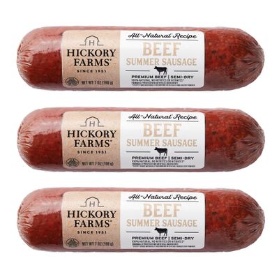 Hickory Farms All-Natural Beef Summer Sausage - 3 Pack  Free of Nitrites, Nitrates, and Hormones, Great for Snacking and Charcuterie Boards, High Protein Snack, Made with Premium Beef