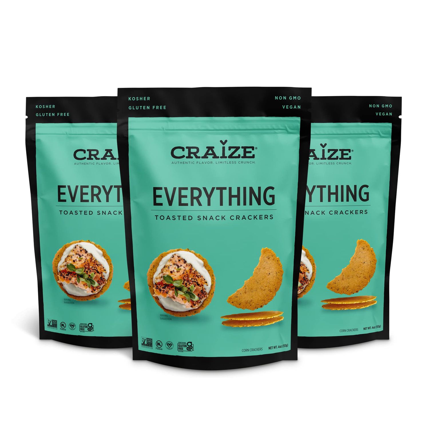 Craize Everything Crisps  Gluten Free, Vegan, Kosher, Toasted Corn Crackers  3 pack, 4 oz each