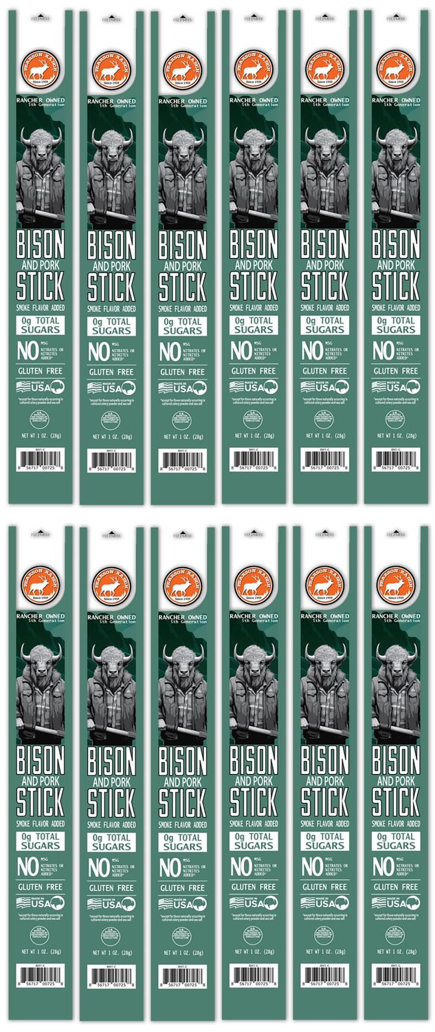 PEARSON RANCH Buffalo Meat Sticks Pack of 12 Bison Meat Sticks, Low-Carb, Gluten-Free, MSG-Free, High-Protein, Paleo and Keto Friendly Jerky Sticks, Game Meat Snacks