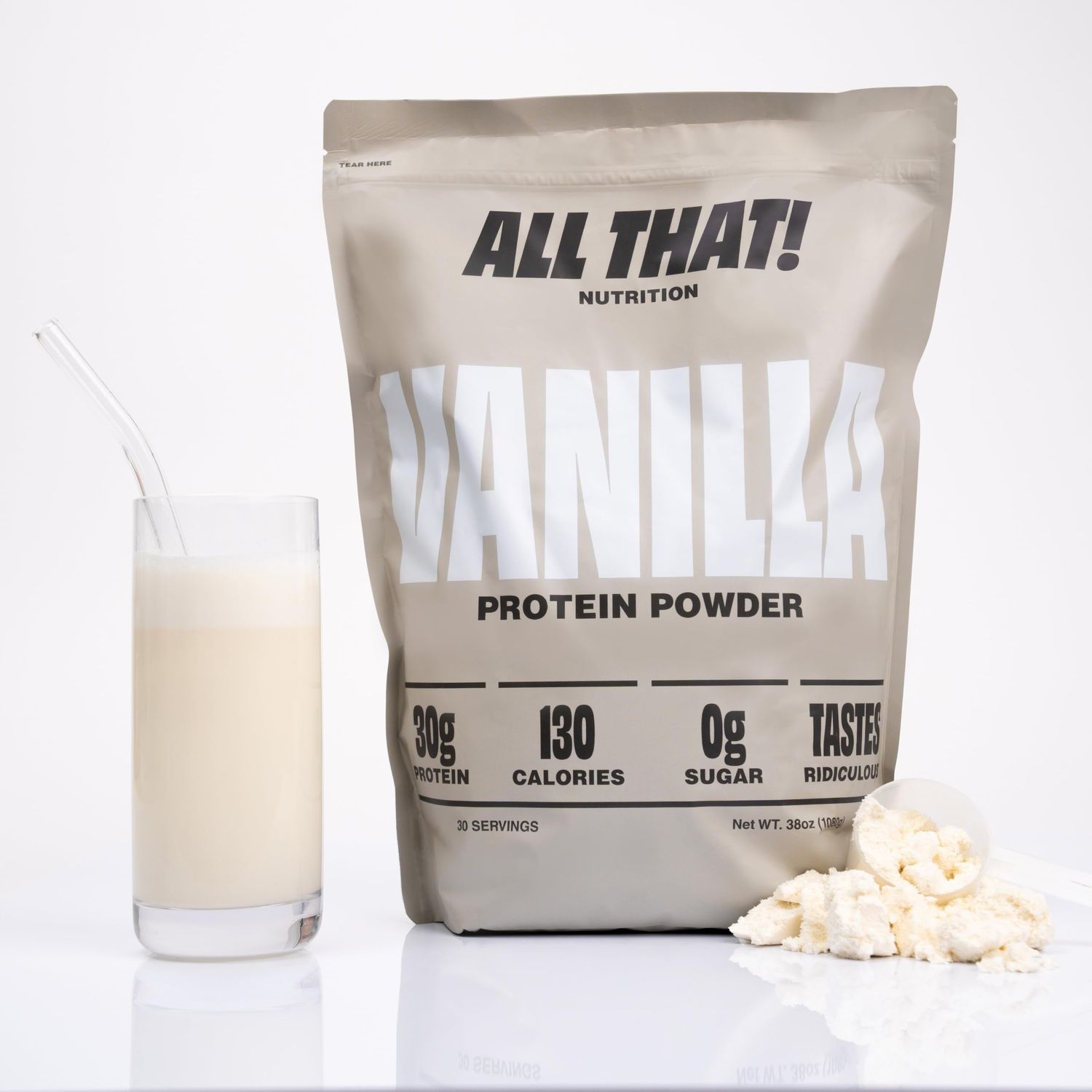 ALL THAT! NUTRITION Vanilla Whey Protein Powder, 30G of Protein, Low Calorie &amp; Fast-Absorbing, 0 Sugar, Soy-Free &amp; Gluten-Free Protein Powder, 30 Servings