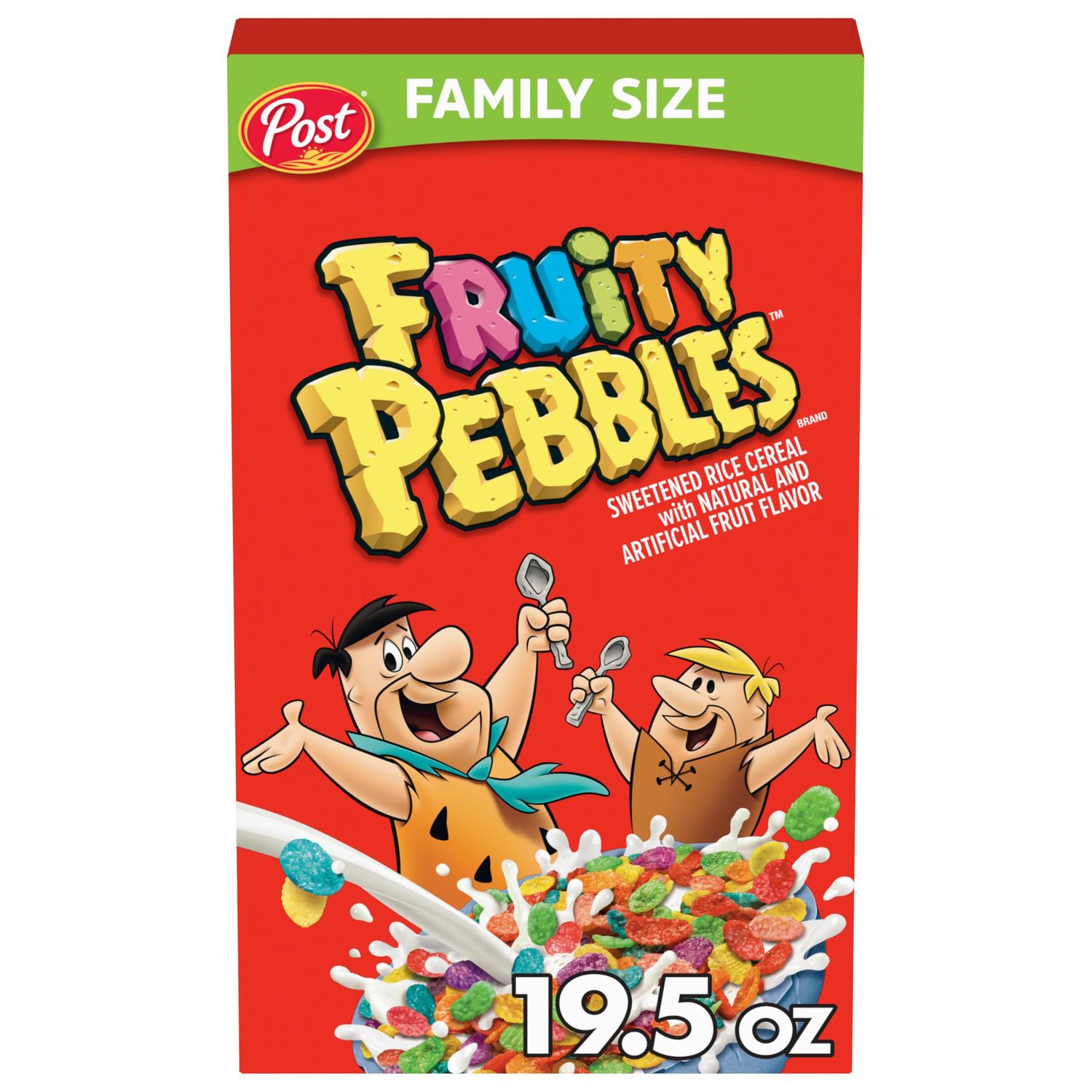 Post Fruity PEBBLES Cereal, Fruity Kids Cereal, Gluten Free Rice Cereal for Kids, 19.5 OZ Family Size Cereal Box