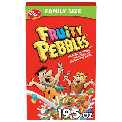 Post Fruity PEBBLES Cereal, Fruity Kids Cereal, Gluten Free Rice Cereal for Kids, 19.5 OZ Family Size Cereal Box