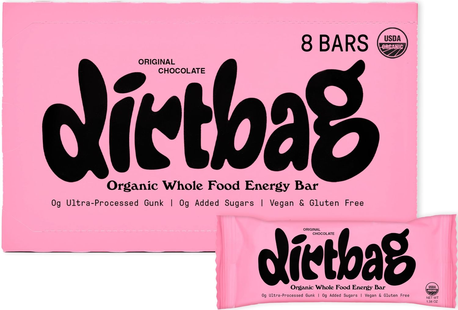 Dirtbag Bar, Organic Whole Food Energy Bar, Original Chocolate, 8 Pack, Dates, Oats, Nuts, Chocolate, NO Ultra-Processed Gunk, NO Added Sugars, Vegan, Gluten Free, Energy for Everyday Endurance