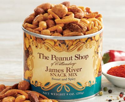 The Peanut Shop of Williamsburg James River Snack Mix, Williamsburg Peanuts, with Mixed Nuts and Sesame Corn Sticks - 9 Oz Tin