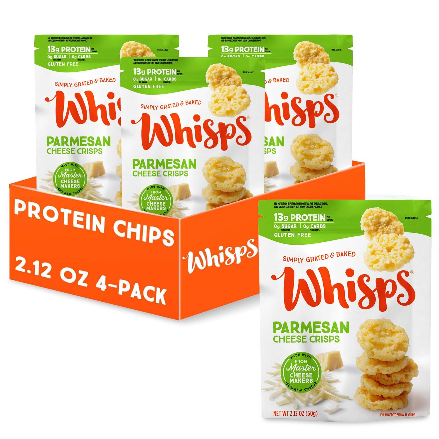 Whisps Cheese Crisps Parmesan Cheese  Protein Chips  Healthy Snacks  Protein Snacks, Gluten Free, High Protein, Low Carb Keto Food (2.12 Oz, 4 Pack)