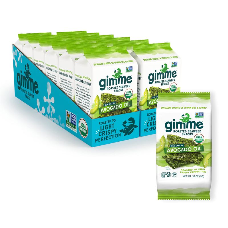 Gimme Seaweed - Sea Salt &amp; Avocado Oil - 12 Count Sharing Size - Organic Roasted Sheets, Keto, Vegan, Gluten Free - Great Source of Iodine &amp; Omega 3's - Healthy On-The-Go Snack for Kids &amp; Adults