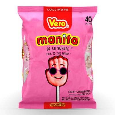 Vero Manita Paletas Strawberry &amp; Cherry Flavored Lollipop (40 Count Bag) - Individually Wrapped Lollipops - Mexican Candy - Paletas Mexicanas Sabor Fresa