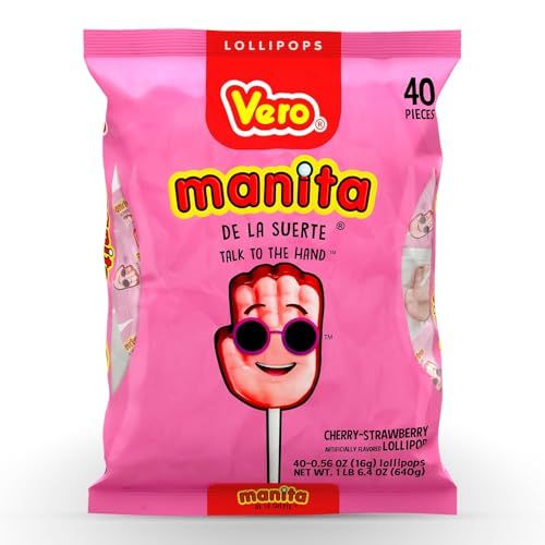 Vero Manita Paletas Strawberry &amp; Cherry Flavored Lollipop (40 Count Bag) - Individually Wrapped Lollipops - Mexican Candy - Paletas Mexicanas Sabor Fresa