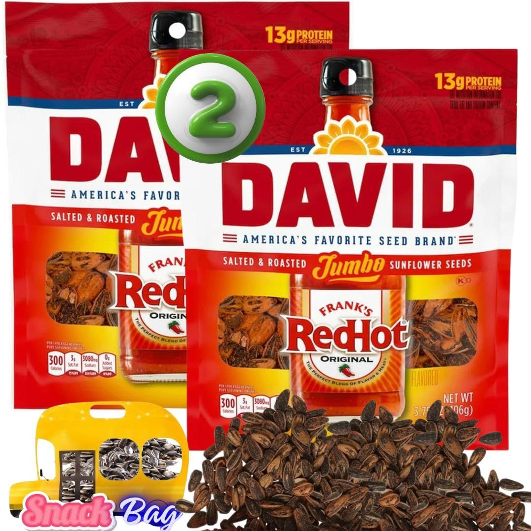 (PACK OF 2) David Sunflower Seeds Redhot Flavor JUMBO SIZE - Comes With One Bus Resealable ZipBag - American&#39;s Favorite Brand - Whole Seeds Seasoned, Salted &amp; Roasted (2 Bags, Redhot))