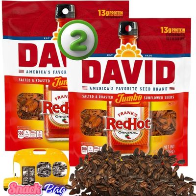 (PACK OF 2) David Sunflower Seeds Redhot Flavor JUMBO SIZE - Comes With One Bus Resealable ZipBag - American&#39;s Favorite Brand - Whole Seeds Seasoned, Salted &amp; Roasted (2 Bags, Redhot))