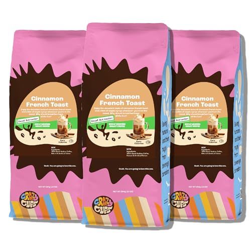 Crazy Cups Flavored Decaf Ground coffee, French Toast Cinnamon Coffee, Flavored Ground Coffee, Decaffeinated Coffee For Brewing Decaf Coffee Ground Hot or Iced Coffee, 10 oz Bags 3 Count Value Pack