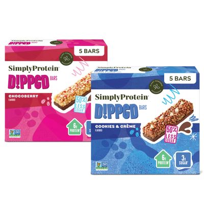 Simply Protein - Dipped Bars Variety Pack, 10 Count - Cookies and Crme (5) &amp; Chocoberry (5) Flavors - Plant Based Snacks for Kids - 6g Protein, 3g Sugar, 100 Calories - Vegan &amp; Gluten Free - 2 Boxes