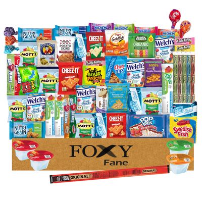 Foxy Fane 60 count Snack Box - Ultimate Gift Care Package with Variety Assortment of Crackers, Cookies, Candy, Chips &amp; other Snacks - Bulk Bundle of Delicious Treats (60 Snacks - Variety Pack)