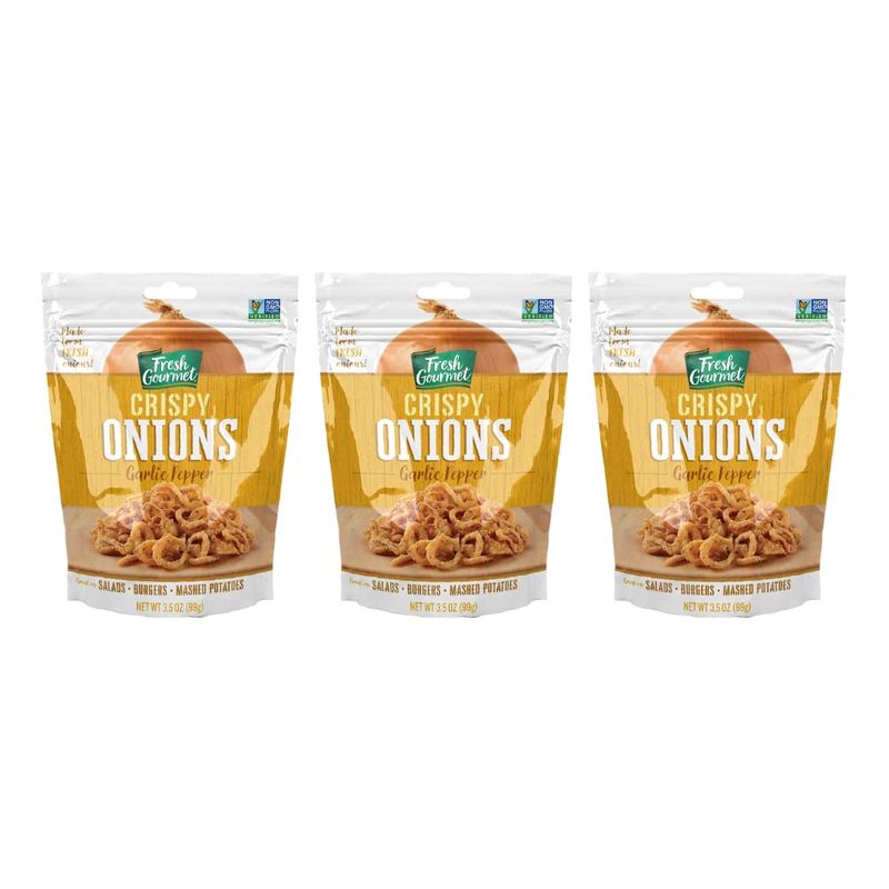 Fresh Gourmet Garlic Pepper Crispy Onions  Low Carb  Crunchy Snack and Salad Topper 3.5 Ounce (Pack of 3)