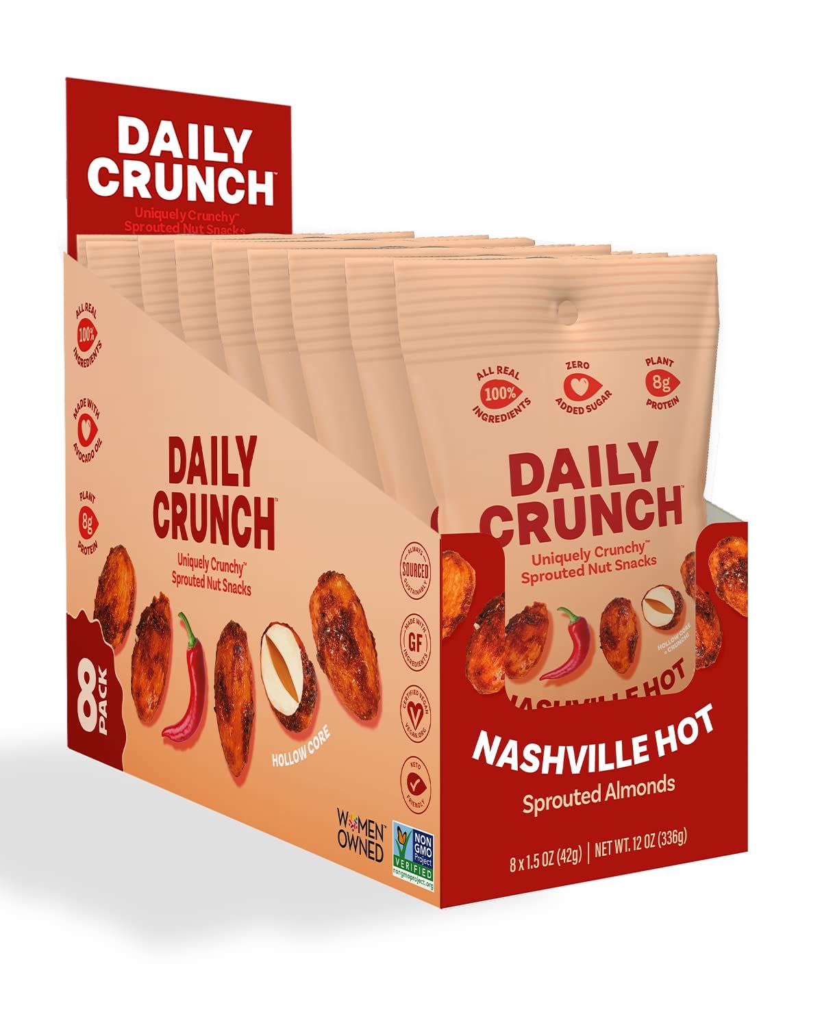 Daily Crunch, Nashville Hot Sprouted Almonds, Minis (1.5oz, Pack of 8) - Sprouted and Dehydrated for a Unique Crunch, Keto Friendly, Non-GMO, Oil and Salt Free, Vegan, Healthy Snack