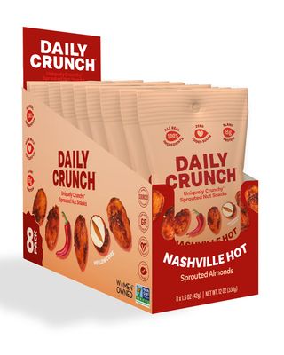 Daily Crunch, Nashville Hot Sprouted Almonds, Minis (1.5oz, Pack of 8) - Sprouted and Dehydrated for a Unique Crunch, Keto Friendly, Non-GMO, Oil and Salt Free, Vegan, Healthy Snack