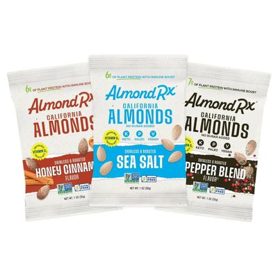 AlmondRx  Heart Healthy Skinless Lightly Salted California Almond Snack Packs  Fortified with Vitamin D  Plant Protein  Keto  Vegan  No Sugar Added (24 Pack, Variety Pack)