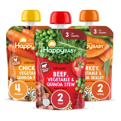 Happy Baby Organics Savory Blends Stage 3 Baby Food Puree, Meats &amp; Veggies 3 Flavor Variety Pack (Pack of 8), Amazon Exclusive