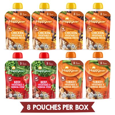 Happy Baby Organics Savory Blends Stage 3 Baby Food Puree, Meats &amp; Veggies 3 Flavor Variety Pack (Pack of 8), Amazon Exclusive