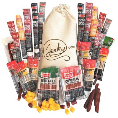 Jerky Gift Basket for Men - 52pc Jerky Variety Pack of Beef, Pork, Turkey, &amp; Ham Snack Sticks - High Protein Healthy Snack - Unique Gift for Men